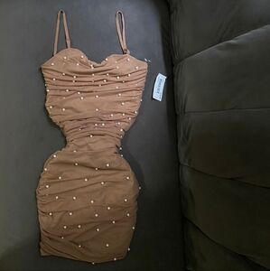 Elegant Tan Mini Dress with Pearl Accents